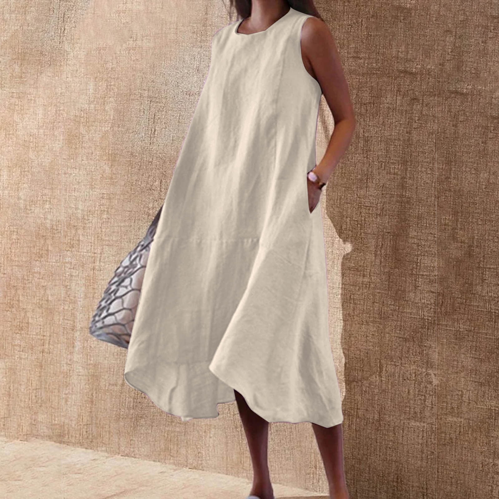Linen Dresses for Women 2025 Summer Sleeveless Midi Dress Plus Size ...