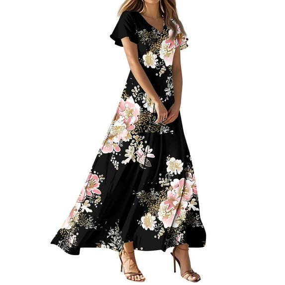 Linen Dresses For Women 2025, Wedding Guest Easter Dresses Chiffon Floral Short Sleeve Ruffle V Neck Flowy Maxi Dress Plus Size Formal Curvy Womens Summer Maxi Dresses Clothes (L, Dark Gray) ZMTing
