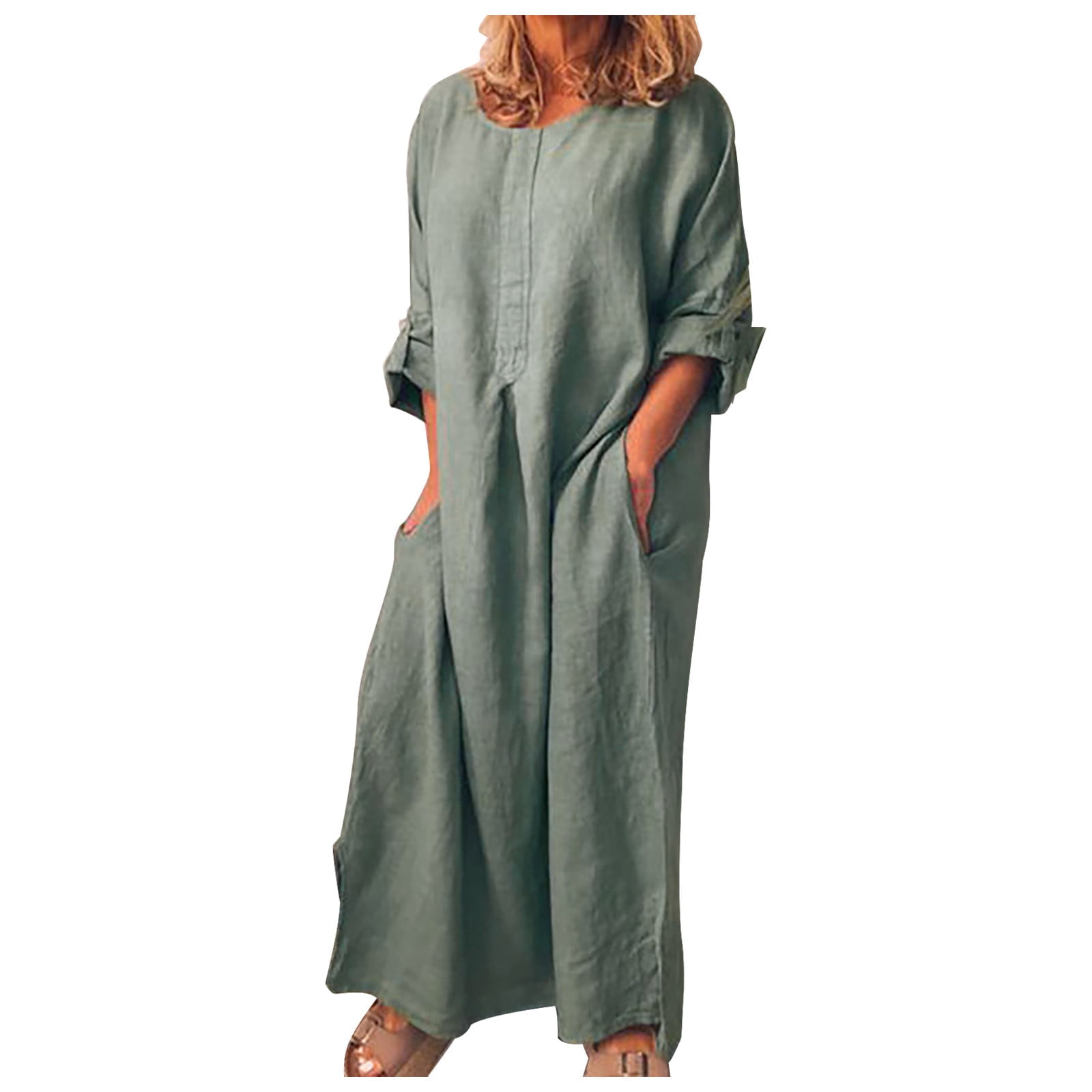 Linen Dresses for Women 2023 Long Sleeve Crewneck Maxi Dress Spring Summer  Casual Loose Plain T Shirt Dress with Pockets