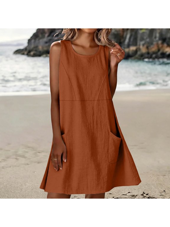Linen Dresses for Women 2026 Petite Casual Loose Crewneck Short Tank Dress Vacation Beach Mini Sundress with Pockets