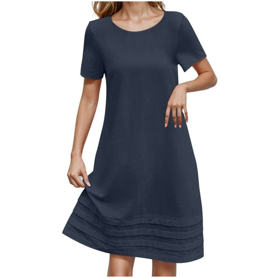 Linen Dresses for Women 2026 Round Neck Short Sleeve Midi Dress Solid Color Summer Casual Dresses A Line Pleated Dress Beach Vacation Outfits