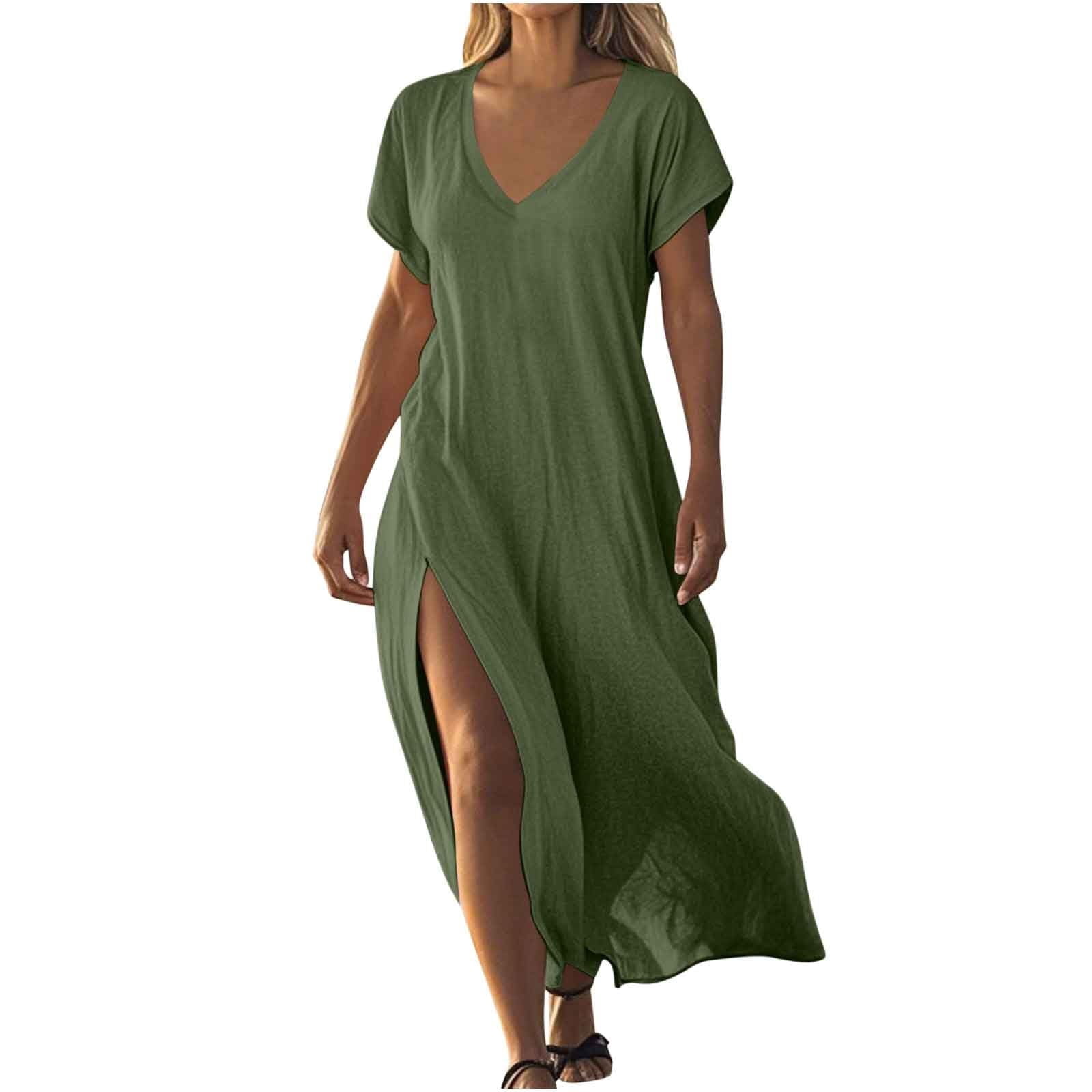Linen Dresses for Women 2026 Summer - Short Sleeve V Neck Shift Maxi ...