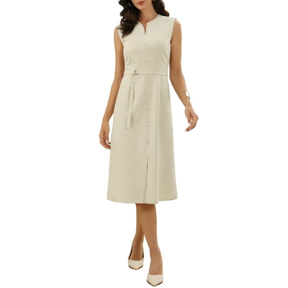 Linen Dresses for Women 2026 Summer Sleeveless Crew Neck Elegant Office Work Dresses with Belt XS Apricot