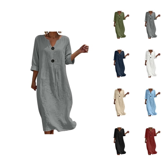 Linen Dresses for Women 3/4 Sleeve Loose Casual V Neck Lightweight Flowy Long Maxi Dress Vacation Beach Dress