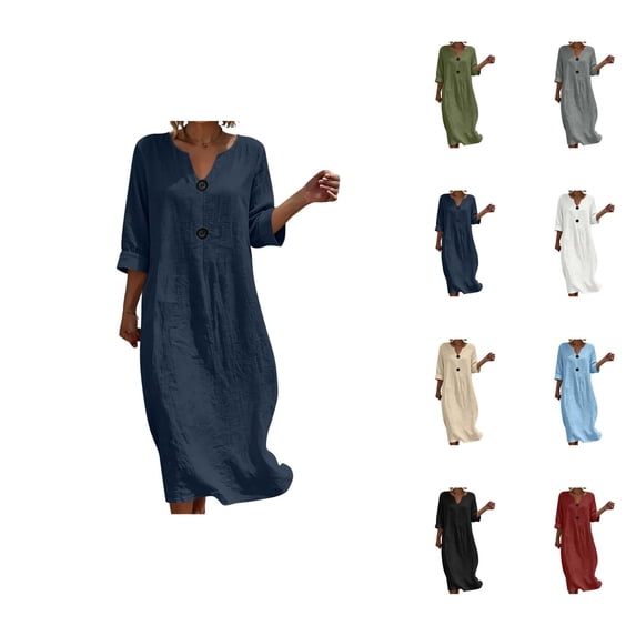 Linen Dresses for Women 3/4 Sleeve Loose Casual V Neck Lightweight Flowy Long Maxi Dress Vacation Beach Dress