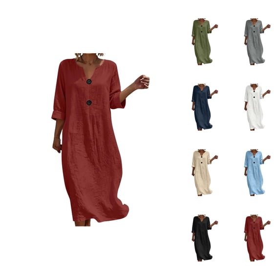 Linen Dresses for Women 3/4 Sleeve Loose Casual V Neck Lightweight Flowy Long Maxi Dress Vacation Beach Dress