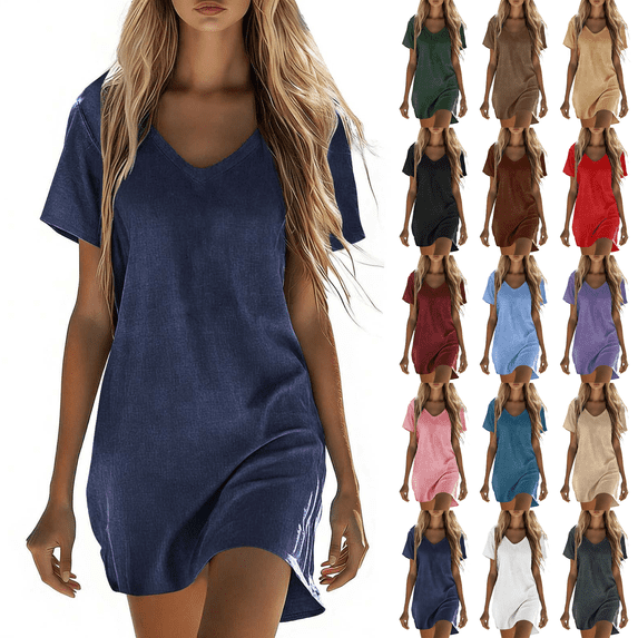 Linen Dresses for Women Plus Size V Neck Short Sleeve Comfortable Solid Color Vacation Casual Mini T Shirt Dress S-5XL