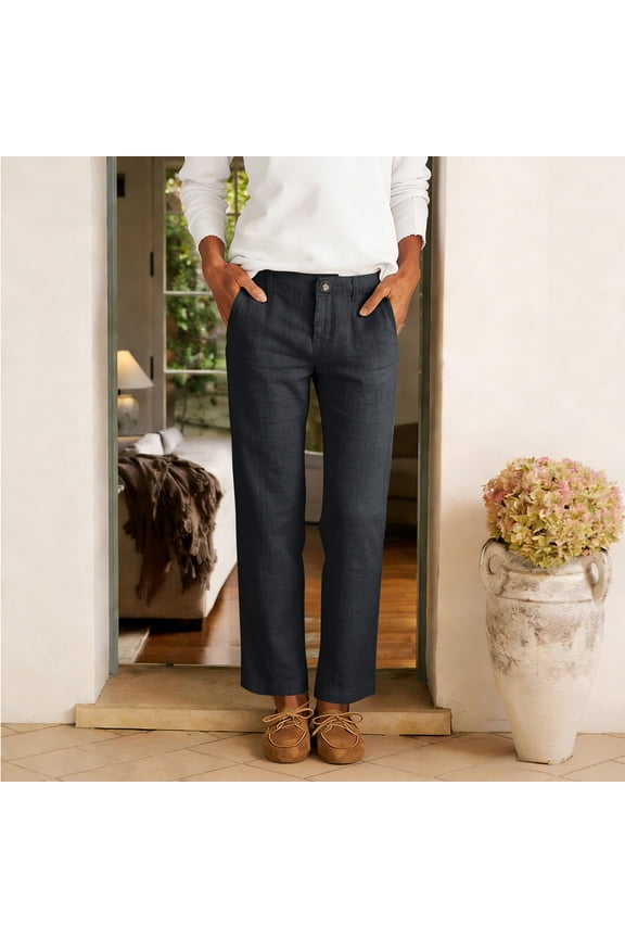 Linen Dressy Pants Women Straight Leg Casual Work Pants with Pockets Lightweight Cooling Linen Trousers Black L