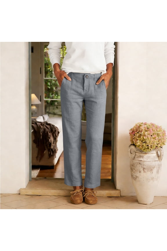 Linen Dressy Pants Women Straight Leg Casual Work Pants with Pockets Lightweight Cooling Linen Trousers Gray M