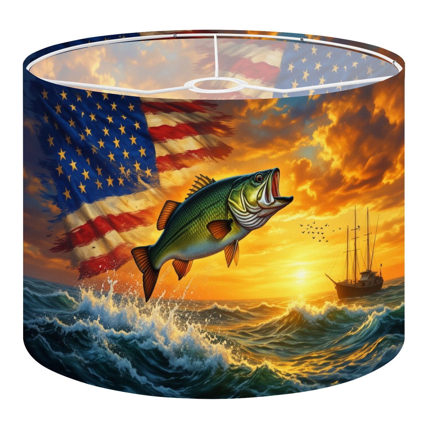 Linen Drum Lamp Shades Bass Fish Leaping Waves American Flag Sunset Independence Day 13" x 13" x 10" Lampshade for Table Lamps Floor Lamps Lamp Shade Replacement Easy Assembly Required