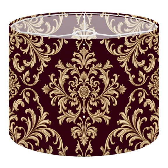 Linen Drum Lamp Shades Burgundy Maroon Damask Floral Motifs Symmetry Curved Lines Replacement Lamp Shade 13" x 13" x 10" Lampshadefor Table Lamps Floor Lamps Easy Assembly Required