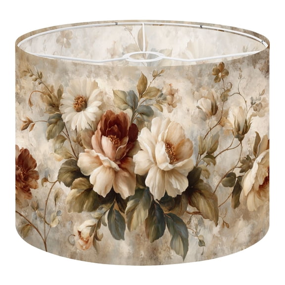 Linen Drum Lamp Shades Hand Drawn Garden Design Warm Beige Vintage Floral Boho 13" x 13" x 10" Lampshade for Table Lamps Floor Lamps Lamp Shade Replacement Easy Assembly Required