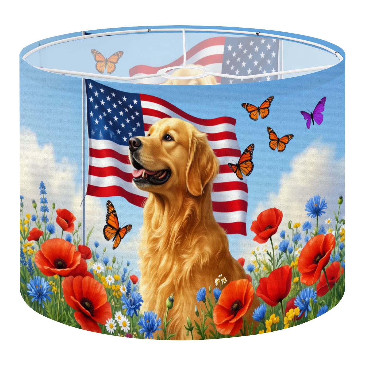Linen Drum Lamp Shades Patriotic Retriever American Flag Butterflies Independence Day 13" x 13" x 10" Lampshade for Table Lamps Floor Lamps Lamp Shade Replacement Easy Assembly Required