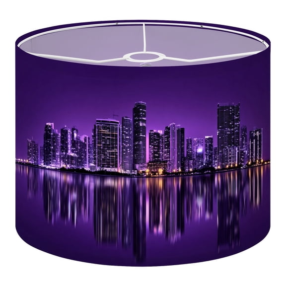Linen Drum Lamp Shades Purple Night City Skyline Reflective Water Modern Skyscrapers 13" x 13" x 10" Lampshade for Table Lamps Floor Lamps Lamp Shade Replacement Easy Assembly Required