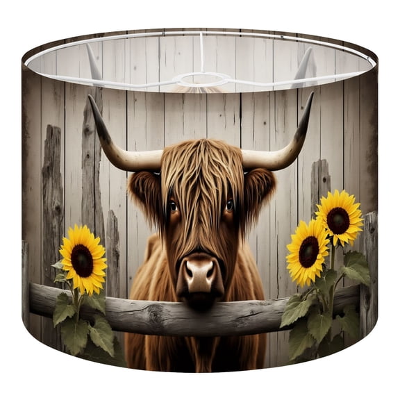 Linen Drum Lamp Shades Rustic Brown Farmhouse Highland Cow Long Curved Horns Shaggy 13" x 13" x 10" Lampshade for Table Lamps Floor Lamps Lamp Shade Replacement Easy Assembly Required