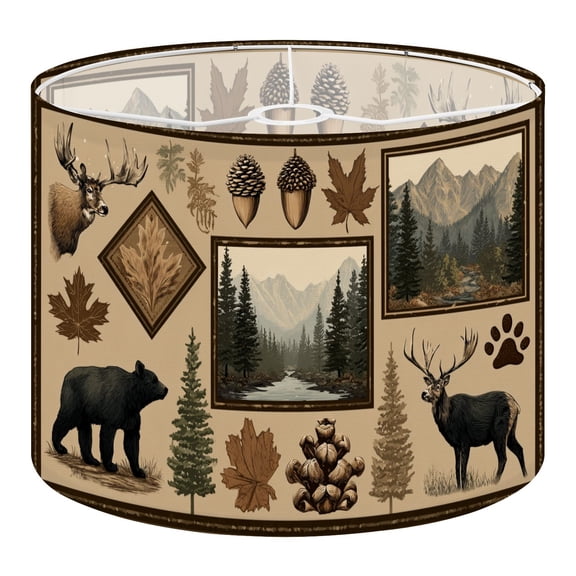 Linen Drum Lamp Shades Rustic Wilderness Collage Deer Bear Pine Cone Tribal vintage 13" x 13" x 10" Lampshade for Table Lamps Floor Lamps Lamp Shade Replacement Easy Assembly Required