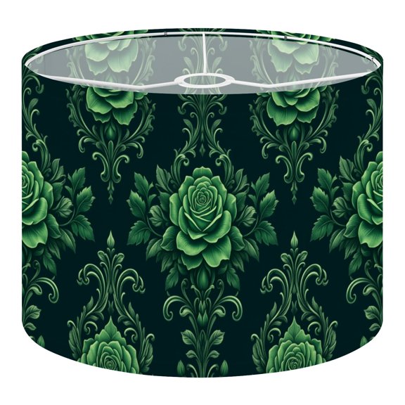 Linen Drum Lamp Shades Seamless Green Rose Ornamental Leaves Dark 13" x 13" x 10" Lampshade for Table Lamps Floor Lamps Lamp Shade Replacement Easy Assembly Required
