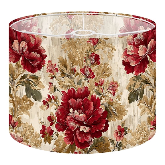 Linen Drum Lamp Shades Vintage Floral Damask Red Gold Flowers Cream 13" x 13" x 10" Lampshade for Table Lamps Floor Lamps Lamp Shade Replacement Easy Assembly Required