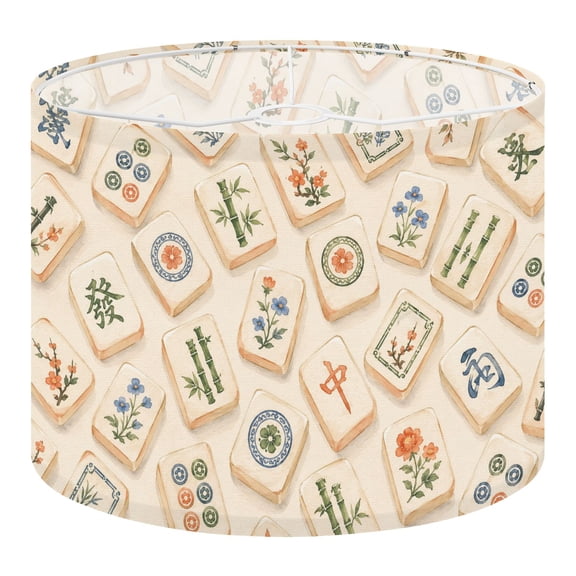 Linen Drum Lamp Shades Vintage Mahjong Tile Floral Bamboo Motifs Soft Beige Green 13" x 13" x 10" Lampshade for Table Lamps Floor Lamps Lamp Shade Replacement Easy Assembly Required