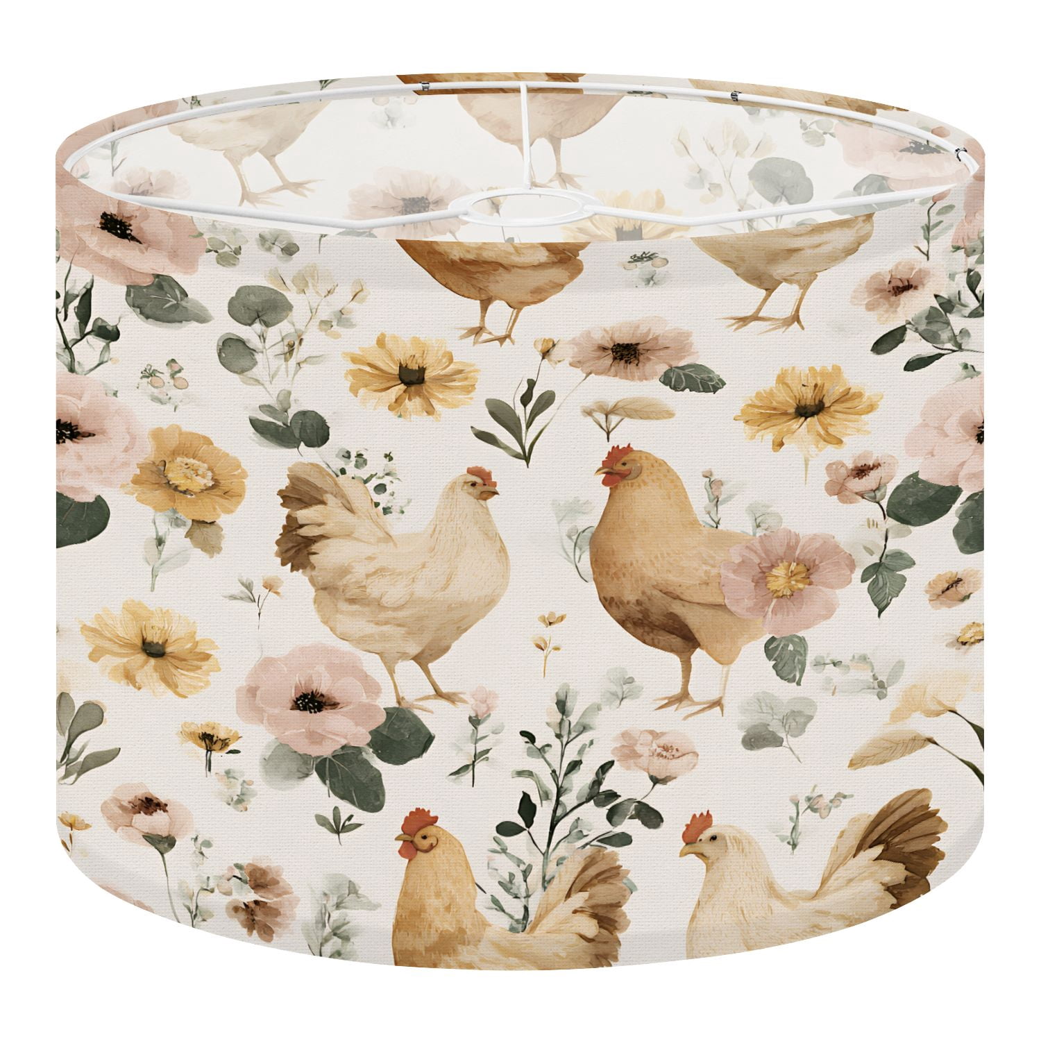 Linen Drum Lamp Shades Watercolor Floral Chickens Soft Pink Yellow Flowers 13" x 13" x 10" Lampshade for Table Lamps Floor Lamps Lamp Shade Replacement Easy Assembly Required