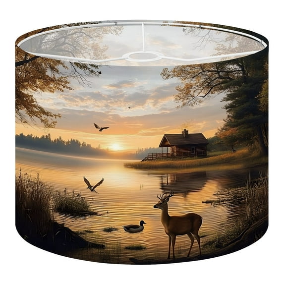 Linen Drum Lampshades Animal Deer Vintage Wildlife Rustic Duck Cabin Sunset Lake Realistic 13"x13"x10" Light Shade for Table Lamps Drum Lamp Shades Lampshade Replacement Assembly Required