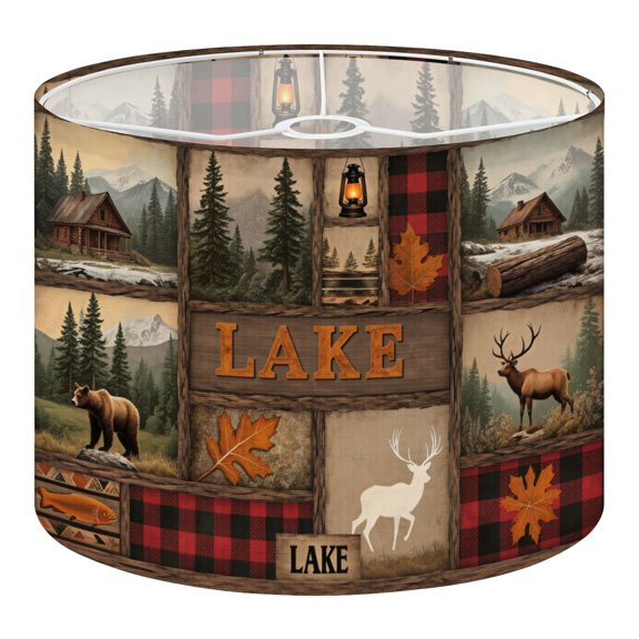 Linen Drum Lampshades Bear Wildlife Cabin Patchwork Lake Mountains Rustic Lodge Style 13"x13"x10" Light Shade for Table Lamps Floor Lamps Drum Lamp Shades Lampshade Replacement Assembly Required