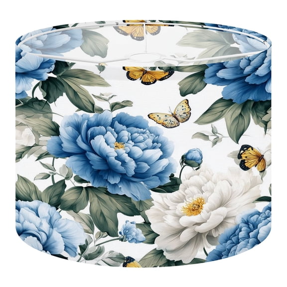 Linen Drum Lampshades Blue White Peony Flowers Butterflies Green Leaves 13"x13"x10" Light Shade for Table Lamps Floor Lamp Shades Lampshade Replacement Assembly Required