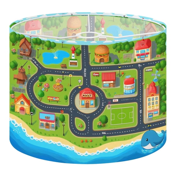 Linen Drum Lampshades Car Rug Kids Play Roads Track City Map Houses Trees Buildings Sports 13"x13"x10" Light Shade for Table Lamps Floor Lamp Shades Lampshade Replacement Assembly Required