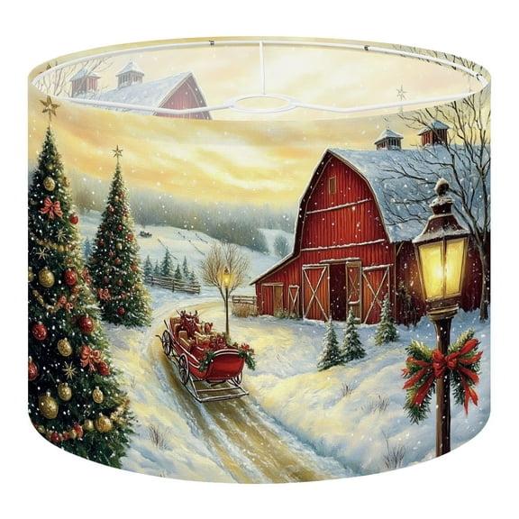 Linen Drum Lampshades Charming Christmas Tree Farm Country Winter Scene Red Barn Horse Drawn 13"x13"x10" Light Shade for Table Lamps Floor Lamps Lampshade Replacement Assembly Required