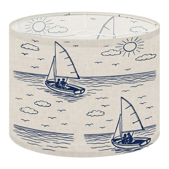 Linen Drum Lampshades Coastal sailboat linen design Indigo blue ecru jute fabric effect For 13"x13"x10" Light Shade for Table Lamps Floor Lamp Shades Lampshade Replacement Assembly Required
