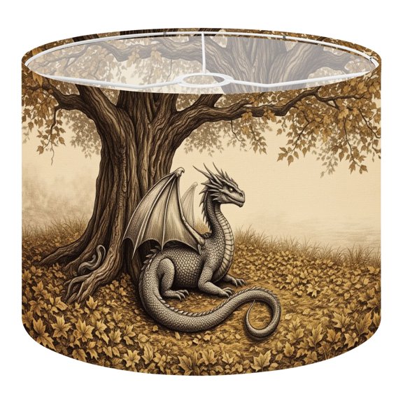 Linen Drum Lampshades Dragon Resting Beneath Ancient Oak Tree Sepia Fantasy 13"x13"x10" Light Shade for Table Lamps Floor Lamp Shades Lampshade Replacement Assembly Required