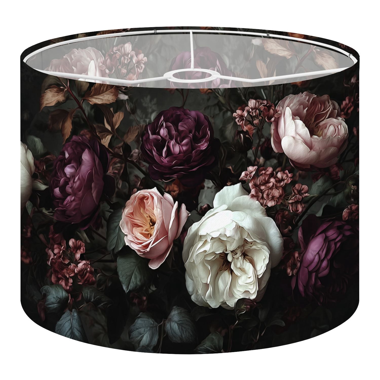 Linen Drum Lampshades Elegant Floral Arrangement Deep Burgundy Soft Pink White Roses Dark 13"x13"x10" Light Shade for Table Lamps Floor Lamp Shades Lampshade Replacement Assembly Required