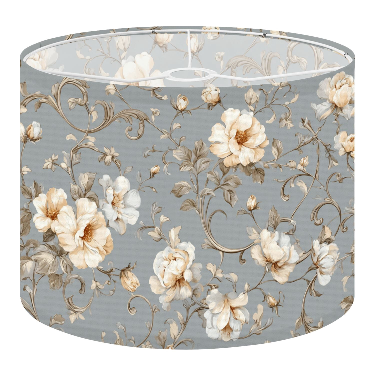 Linen Drum Lampshades Elegant Floral Warm tan Soft Beige White Flowers ...
