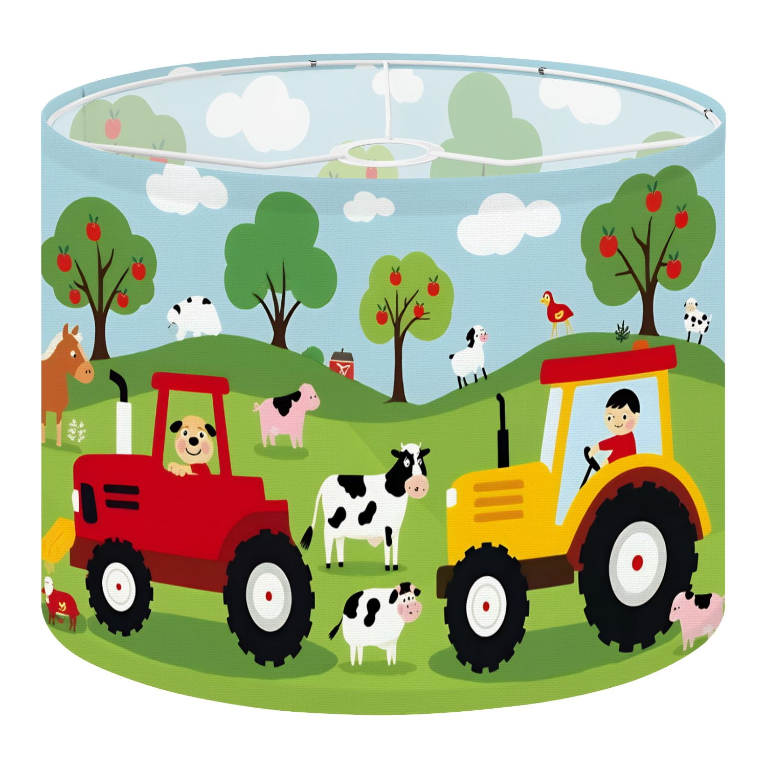 Linen Drum Lampshades Farm Friends Animals Green Red Tractor Yellow Children Driving Orchard 13"x13"x10" Light Shade for Table Lamps Drum Lamp Shades Lampshade Replacement Assembly Required