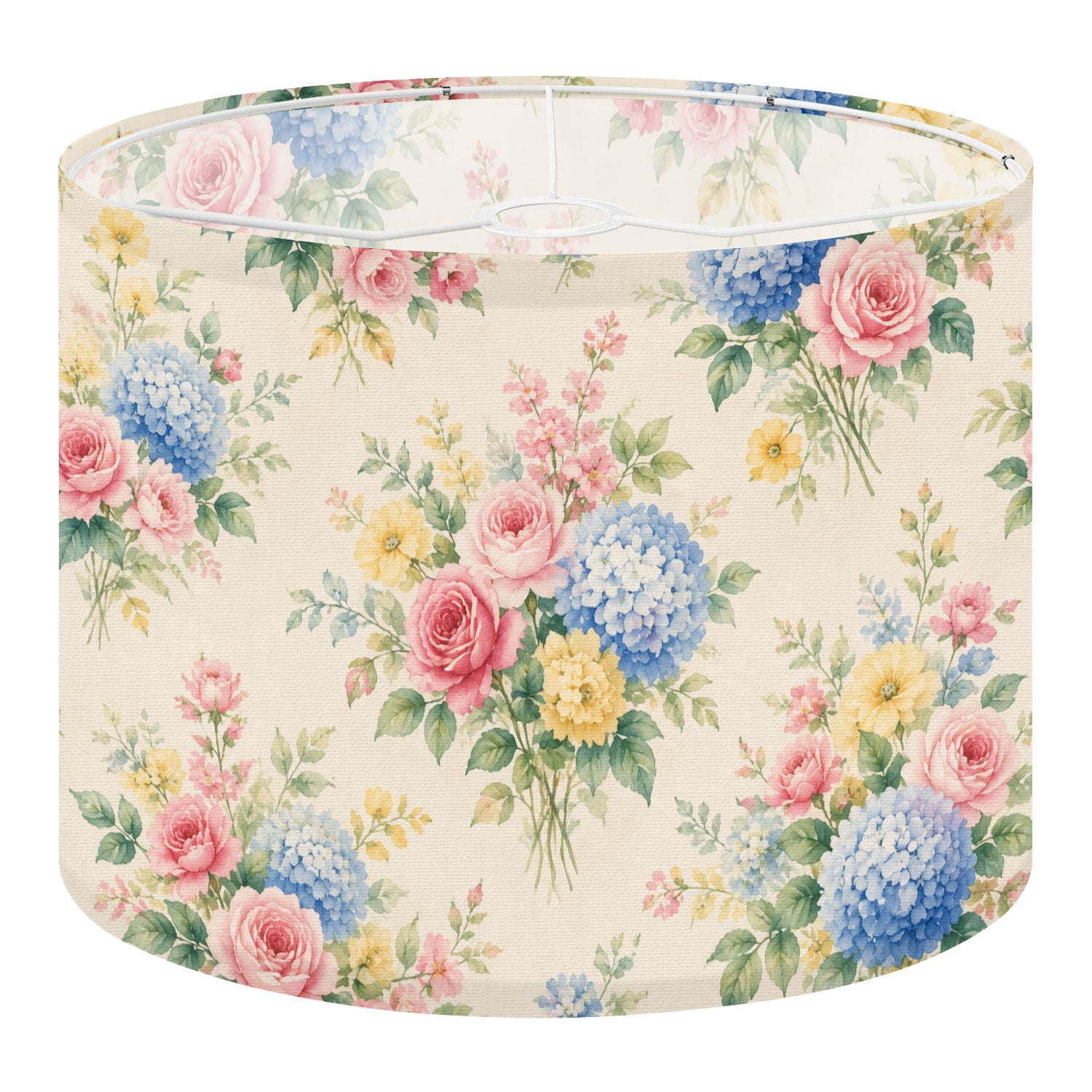 Shade Cloth For Roses Linen Drum Lampshades Floral Bouquet Pink Roses Blue Hydrangeas Yellow ...