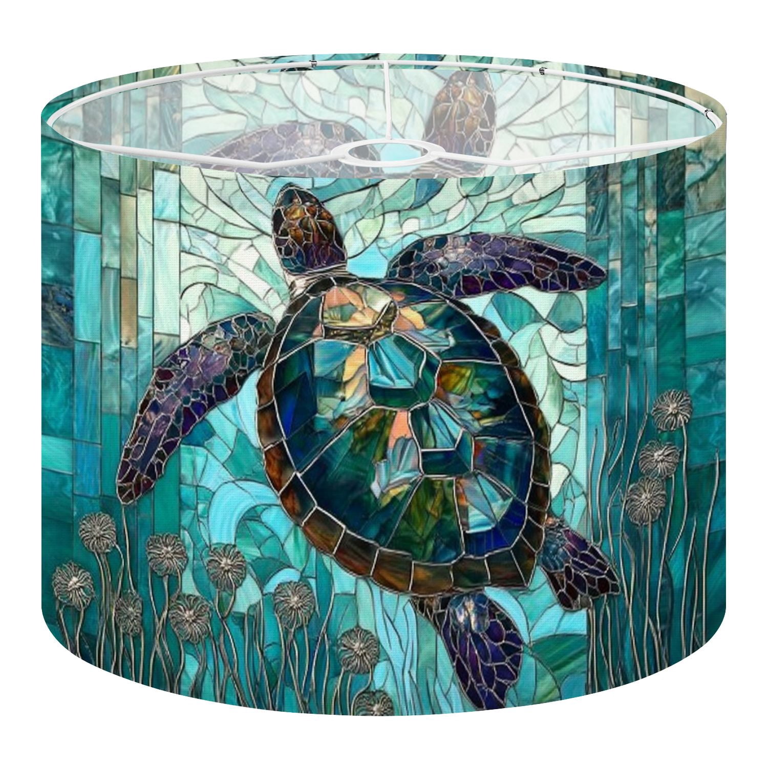 Linen Drum Lampshades Graceful Teal Stained Glass Sea Turtle Illustrated Anemones 13"x13"x10" Light Shade for Table Lamps Floor Lamps Drum Lamp Shades Lampshade Replacement Assembly Required