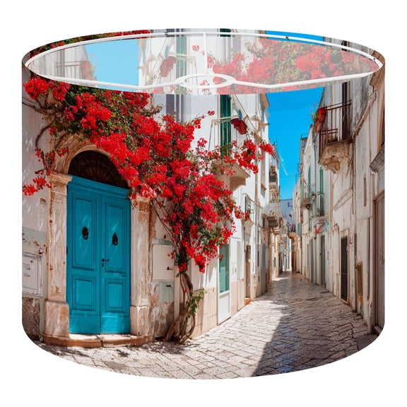 Linen Drum Lampshades Italy Tuscan Colorful Nature Scenic Modern Town Street Blue 13"x13"x10" Light Shade for Table Lamps Floor Lamps Drum Lamp Shades Lampshade Replacement Assembly Required