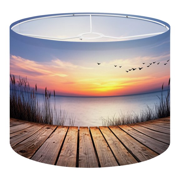 Linen Drum Lampshades Lake Dock Scenery Birds Beach Nature Sunset Water Wooden 13"x13"x10" Light Shade for Table Lamps Floor Lamp Shades Lampshade Replacement Assembly Required