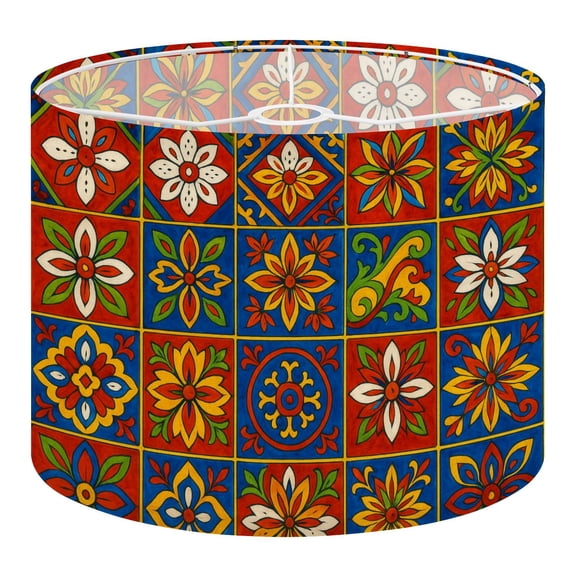 Linen Drum Lampshades Mexican talavera ceramic tile seamless Ethnic folk 13"x13"x10" Light Shade for Table Lamps Floor Lamps Drum Lamp Shades Lampshade Replacement Assembly Required