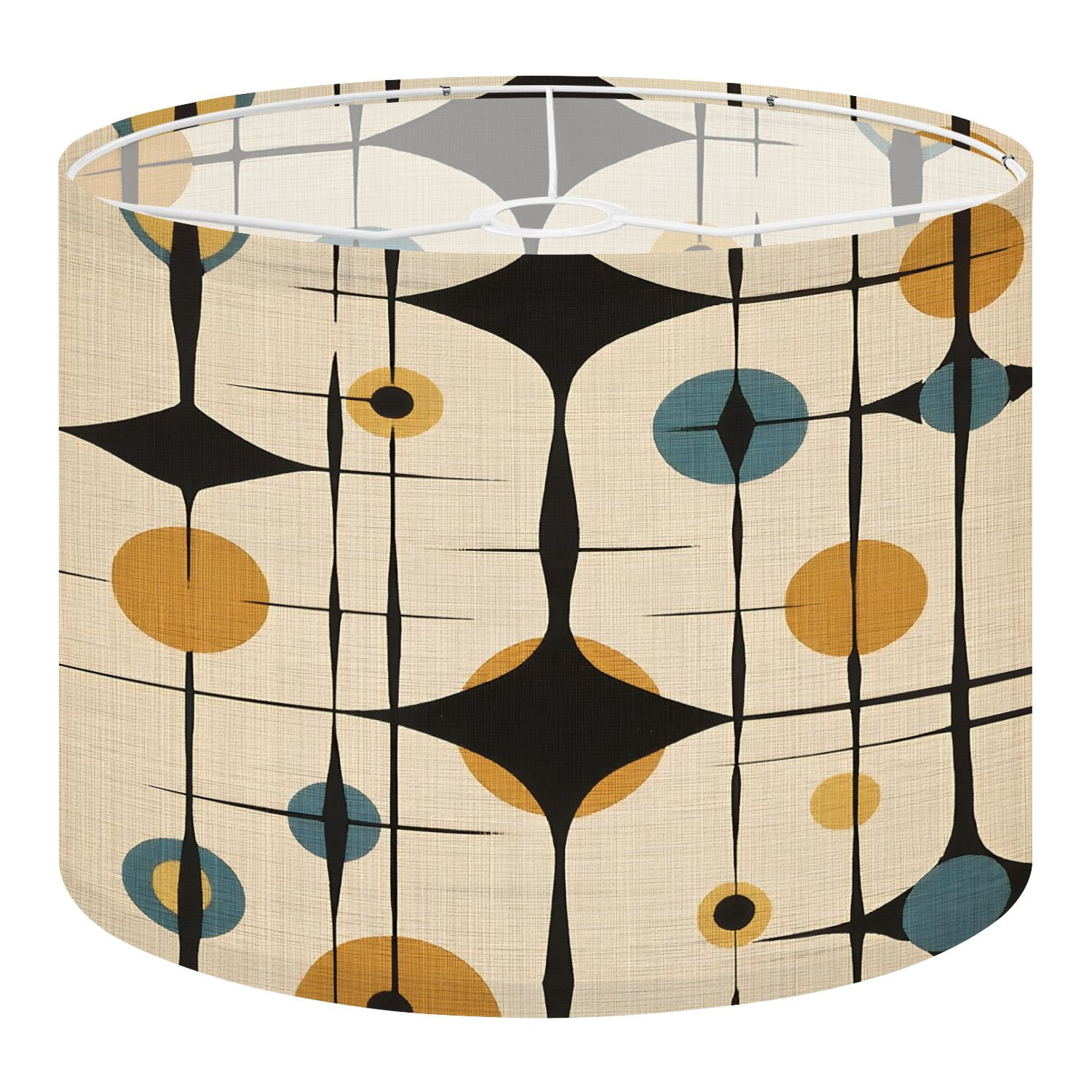 Linen Drum Lampshades Mid Century Vintage 1950s Modern Retro Atomic Circular Motifs 13"x13"x10" Light Shade for Table Lamps Floor Lamps Drum Lamp Shades Lampshade Replacement Assembly Required