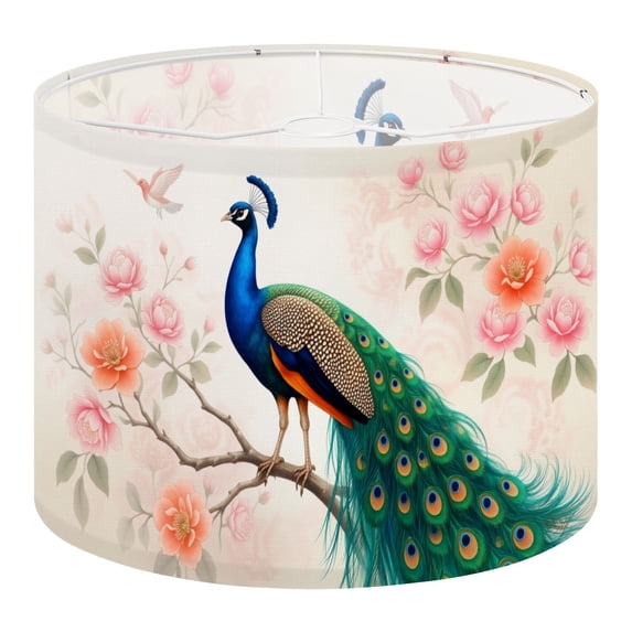 Linen Drum Lampshades Peacock Perched Branch Blossoming Traditional Chinese 13"x13"x10" Light Shade for Table Lamps Floor Lamp Shades Lampshade Replacement Assembly Required