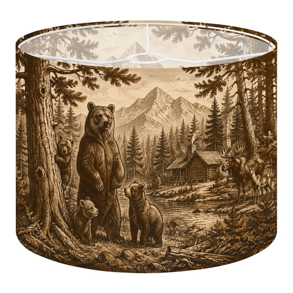Linen Drum Lampshades Rustic Cabin Bear Moose Deer Wildlife Brown Bear Family 13"x13"x10" Light Shade for Table Lamps Floor Lamp Shades Lampshade Replacement Assembly Required