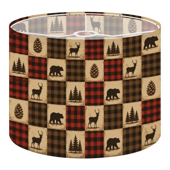 Linen Drum Lampshades Rustic Woodland Bears Deer Pine Trees Plaid Motif Hunting 13"x13"x10" Light Shade for Table Lamps Floor Lamp Shades Lampshade Replacement Assembly Required