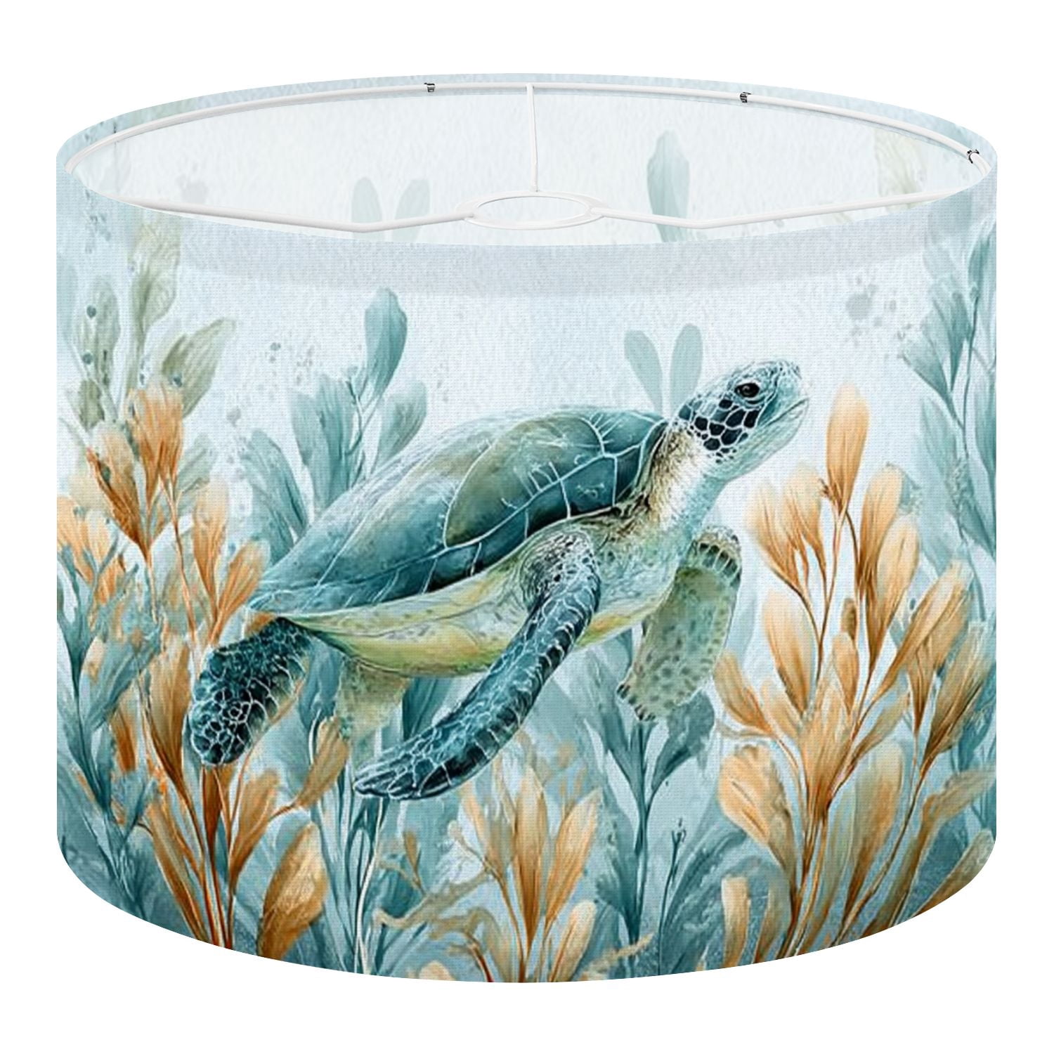 Linen Drum Lampshades Sea Turtle Teal Coral Seaweed Bubbles Ocean Watercolor Hand Painted 13"x13"x10" Light Shade for Table Lamps Floor Lamp Shades Lampshade Replacement Assembly Required