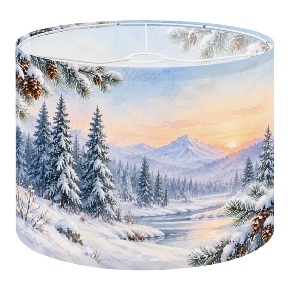 Linen Drum Lampshades Snowy Winter Pine Trees Mountain Sunset 13