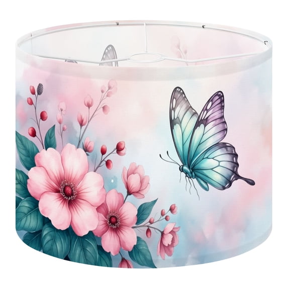 Linen Drum Lampshades Soft Pink Floral Bouquet Butterfly Pastel Colors 13"x13"x10" Light Shade for Table Lamps Floor Lamp Shades Lampshade Replacement Assembly Required