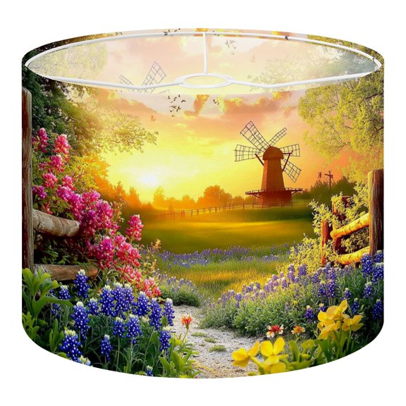Linen Drum Lampshades Texas Landscape Texas Wildflowers Rustic Windmill Farmland Sunset 13"x13"x10" Light Shade for Table Lamps Floor Lamp Shades Lampshade Replacement Assembly Required