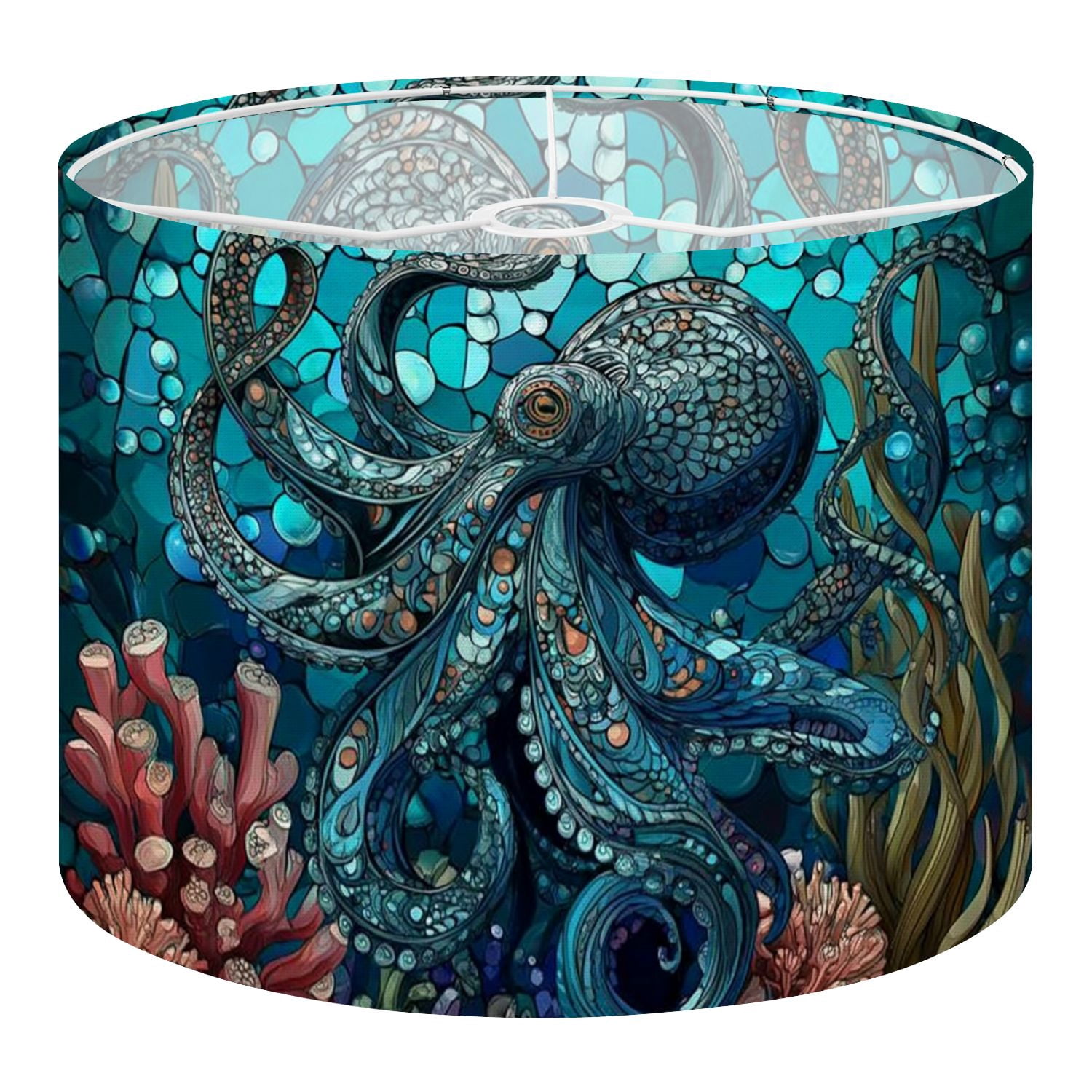 Linen Drum Lampshades Underwater Teal Octopus amidst Coral Reefs Art 13"x13"x10" Light Shade for Table Lamps Floor Lamps Drum Lamp Shades Lampshade Replacement Assembly Required
