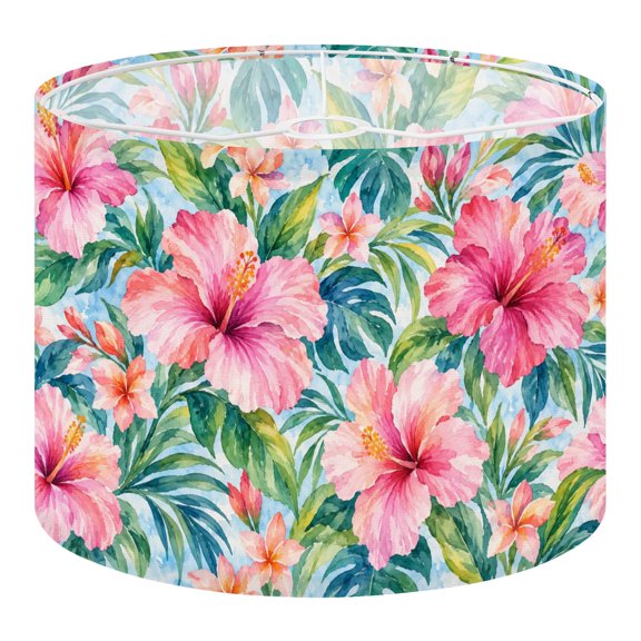 Linen Drum Lampshades Vibrant Hibiscus Flowers Green Leaves Watercolor vintage jungle 13"x13"x10" Light Shade for Table Lamps Floor Lamp Shades Lampshade Replacement Assembly Required