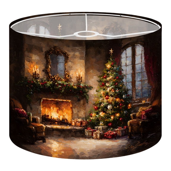 Linen Drum Lampshades Vintage Christmas Tree Cottagecore Holiday Season Fireplace Winter Art 13"x13"x10" Light Shade for Table Lamps Drum Lamp Shades Lampshade Replacement Assembly Required